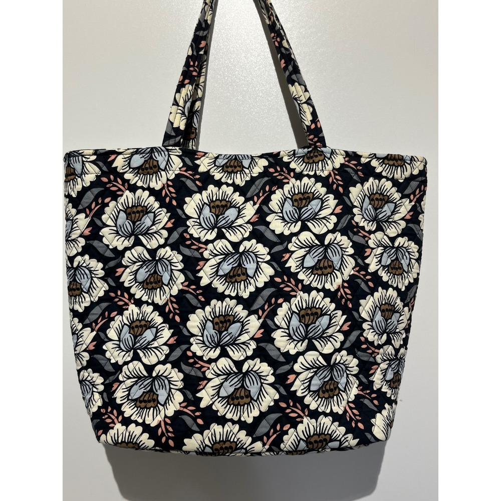 Vera Bradley Quilted Cotton Floral Tote Bag Black Cream Grey Large Shoulder Bag - Picture 4 of 9